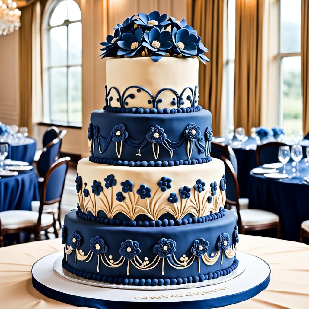 Intricate Ten-Layer Cake with Navy Flowers