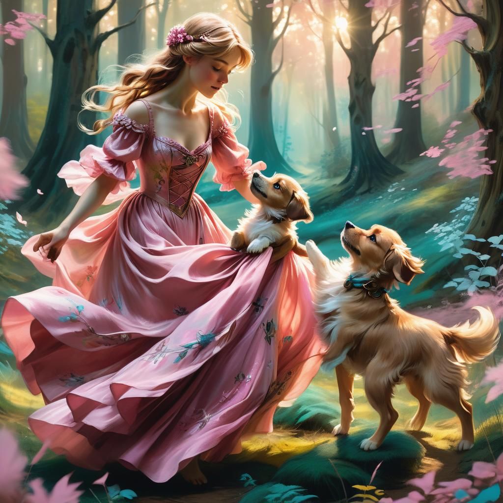 Fantasy Art: Woman in Pink Dress with Puppy
