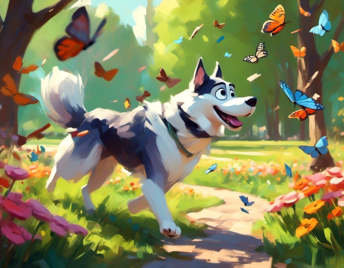 Husky Dog Chasing Butterflies in Spring Park