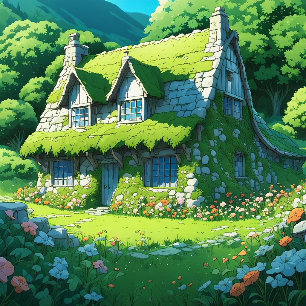Picturesque Moss Cottage in Anime Style