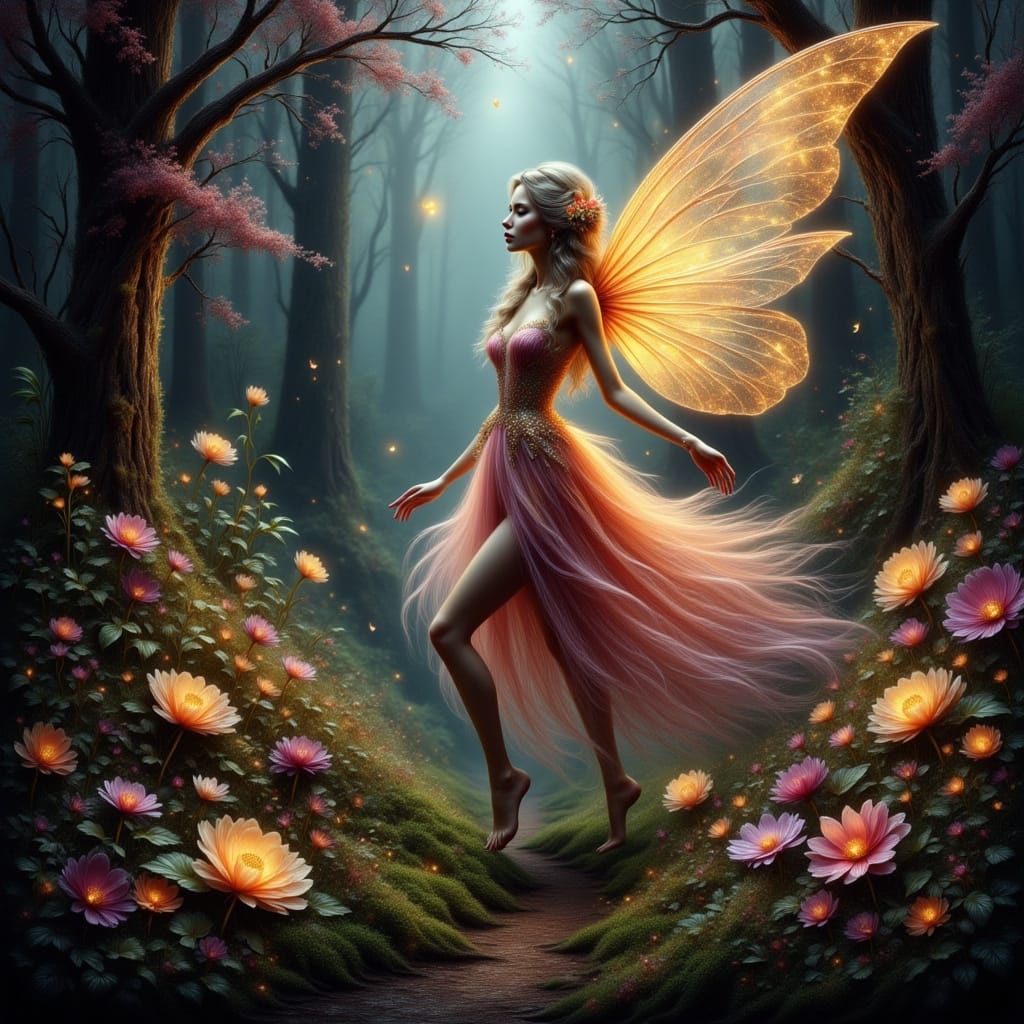 Autumn Fairy with Ember Wings in Enchanted Forest