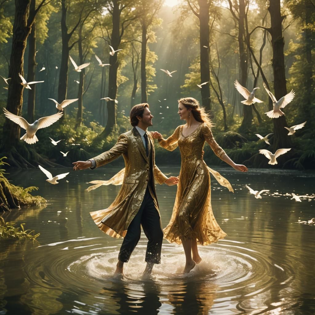 Fantasy Couple Dancing in Forest Lake