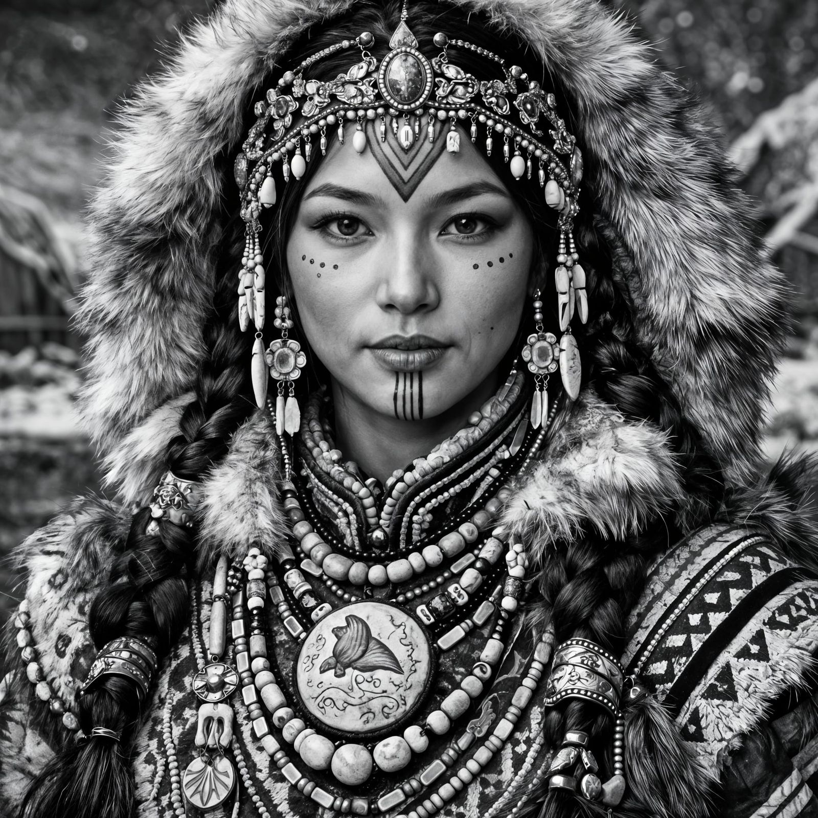 Inuit Princess Portrait in Hyperrealistic Black and White