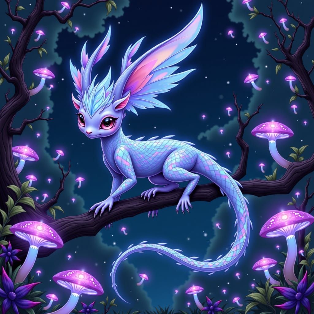 Bioluminescent Creature with Holographic Scales in Alien For...