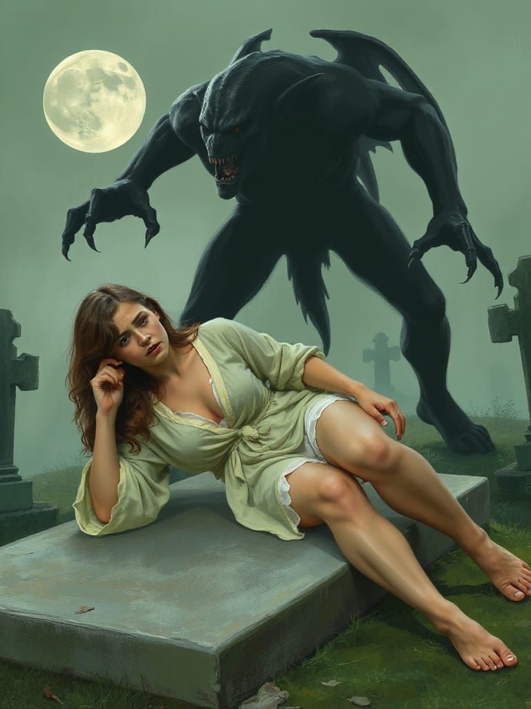 Woman in Graveyard with Vampire, Painterly Style