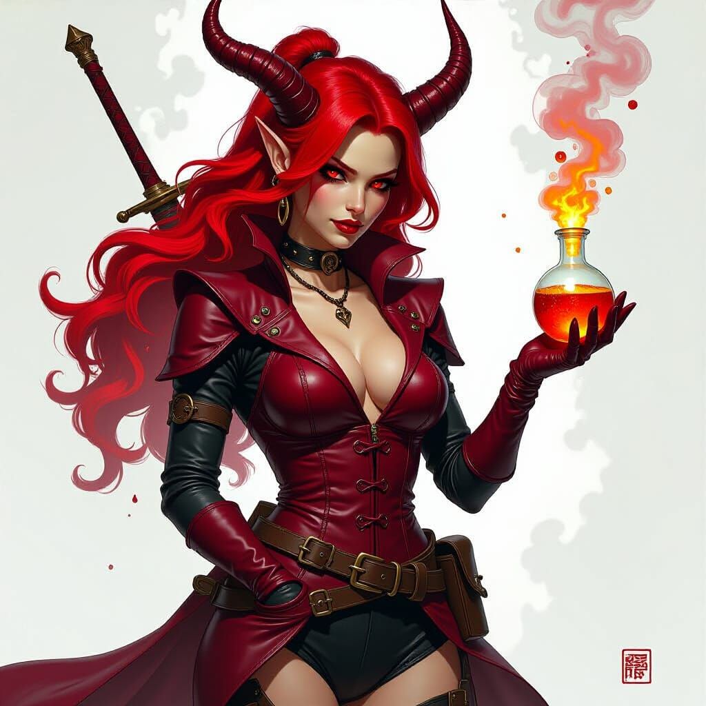 Tiefling Alchemist Mixing Explosives in Fantasy Art Style