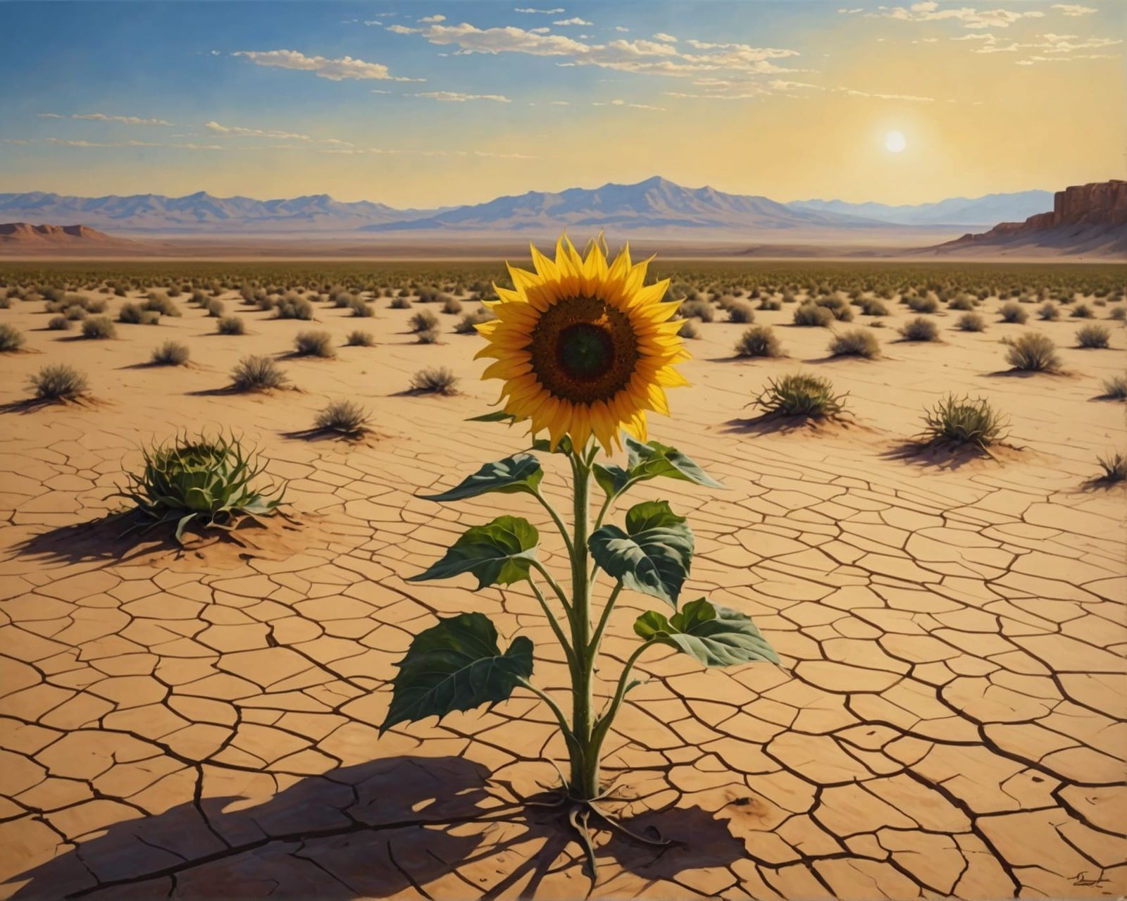 Lonely Sunflower in Dry Desert: Realistic Painting