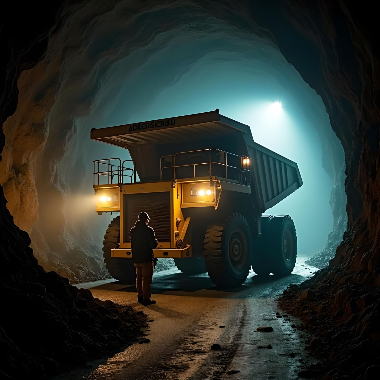 Woman Miner Inspecting Wheels: Cinematic Film Still