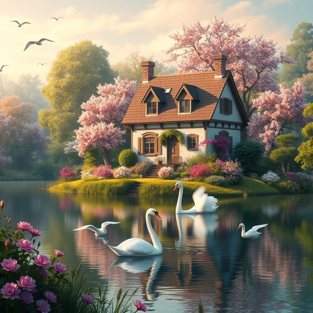 Whimsical Fantasy Cottage Amidst Vibrant Gardens and Tranqui...