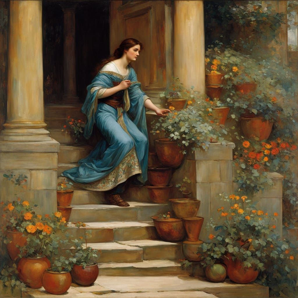 Woman Surveys Vibrant Floral Display in Elegant Setting