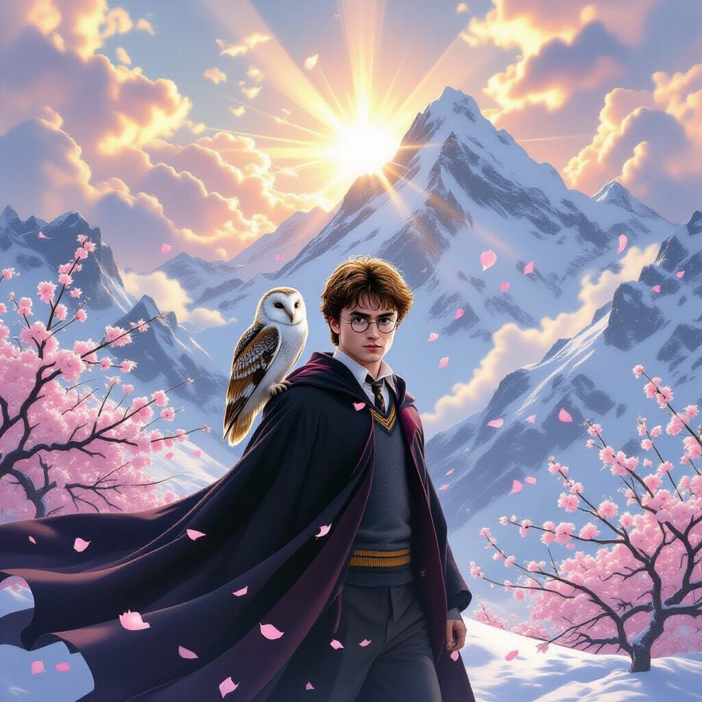 Harry Potter and Hedwig on Snowy Mountain with Cherry Blosso...