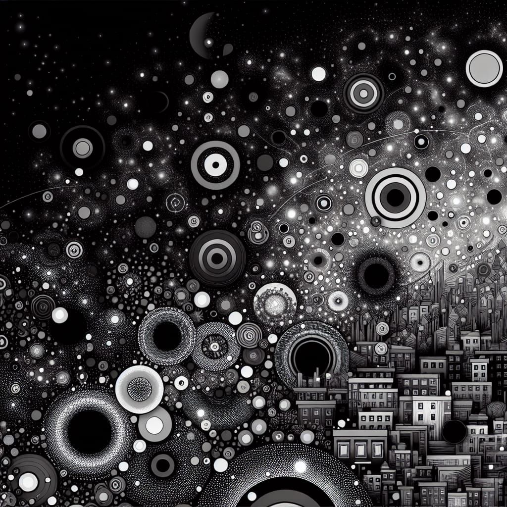 Cosmic Cityscape with Geometric Shapes in Negative