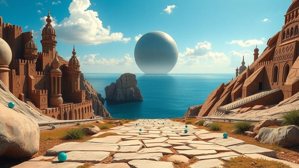 Surreal Digital Landscape with Ancient Temple-like Structure...