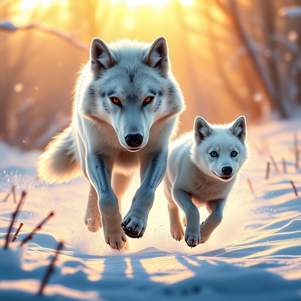 Wolves Chase Deer in Winter Landscape, Matte Painting