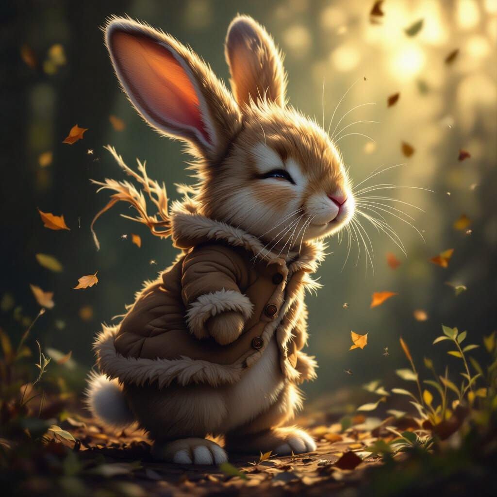 Chibi Bunny Rabbit in Windy Forest, Baroque Style