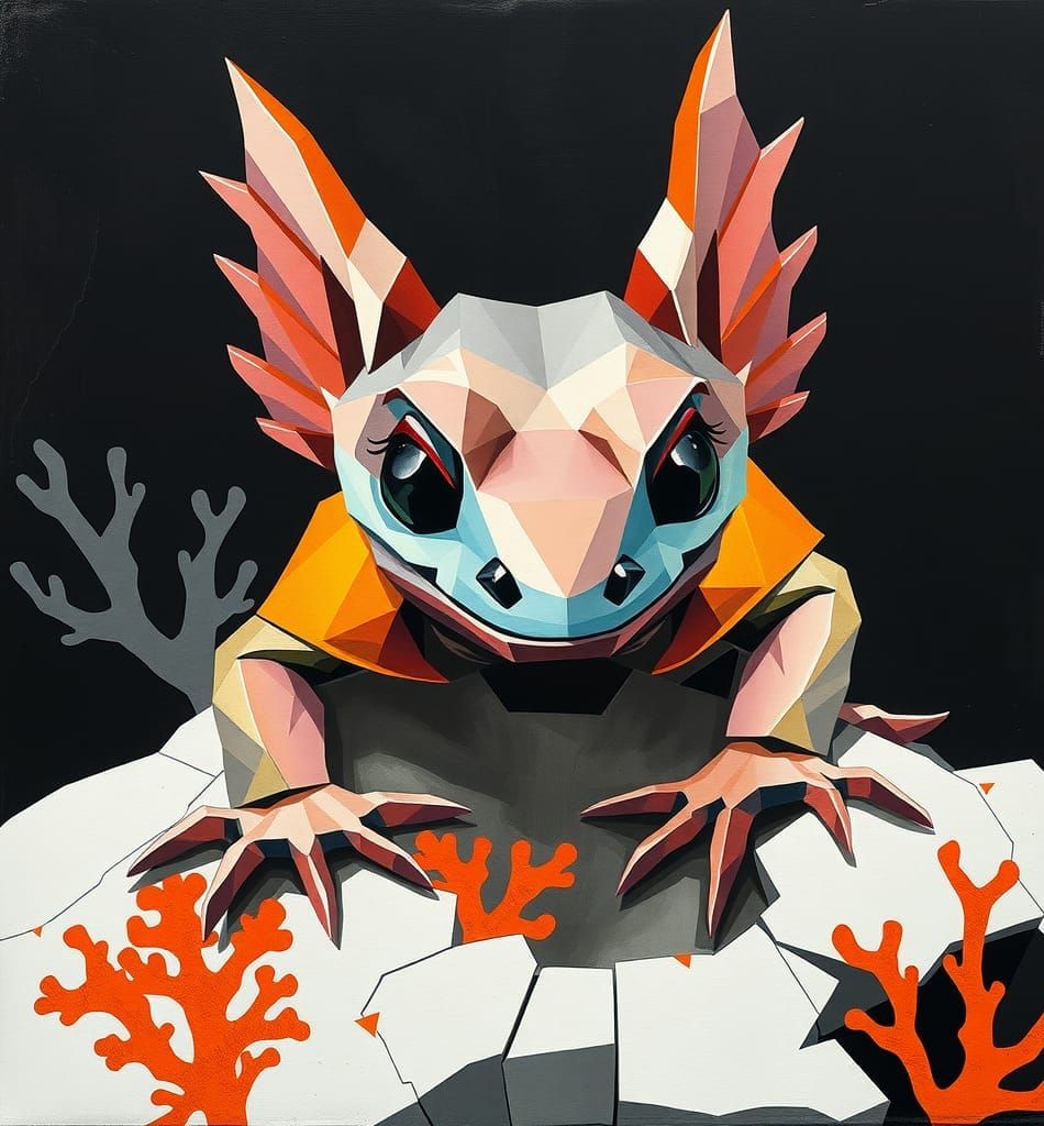 Fractured Axolotl in Cubist Underwater Scene
