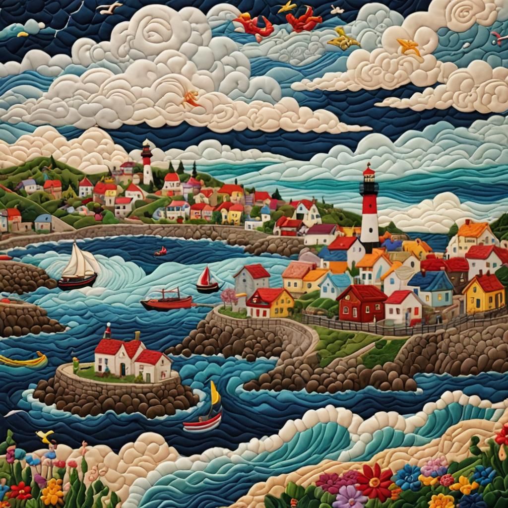 Quilted Fishing Village with Lighthouse Embroidery