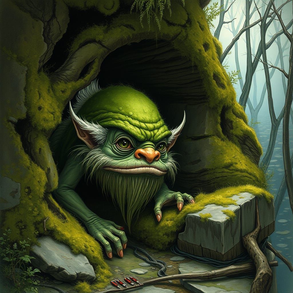 A moss-covered troll hiding under a bridge .
  in style of tim burton Amanda Sage Alphonse Mucha Ben Bocquelet Bernie Wr...