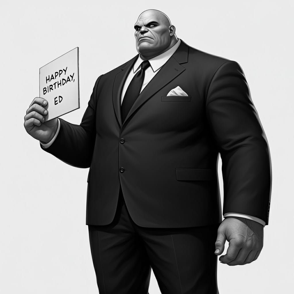 Bald Man in Suit Holds Birthday Sign