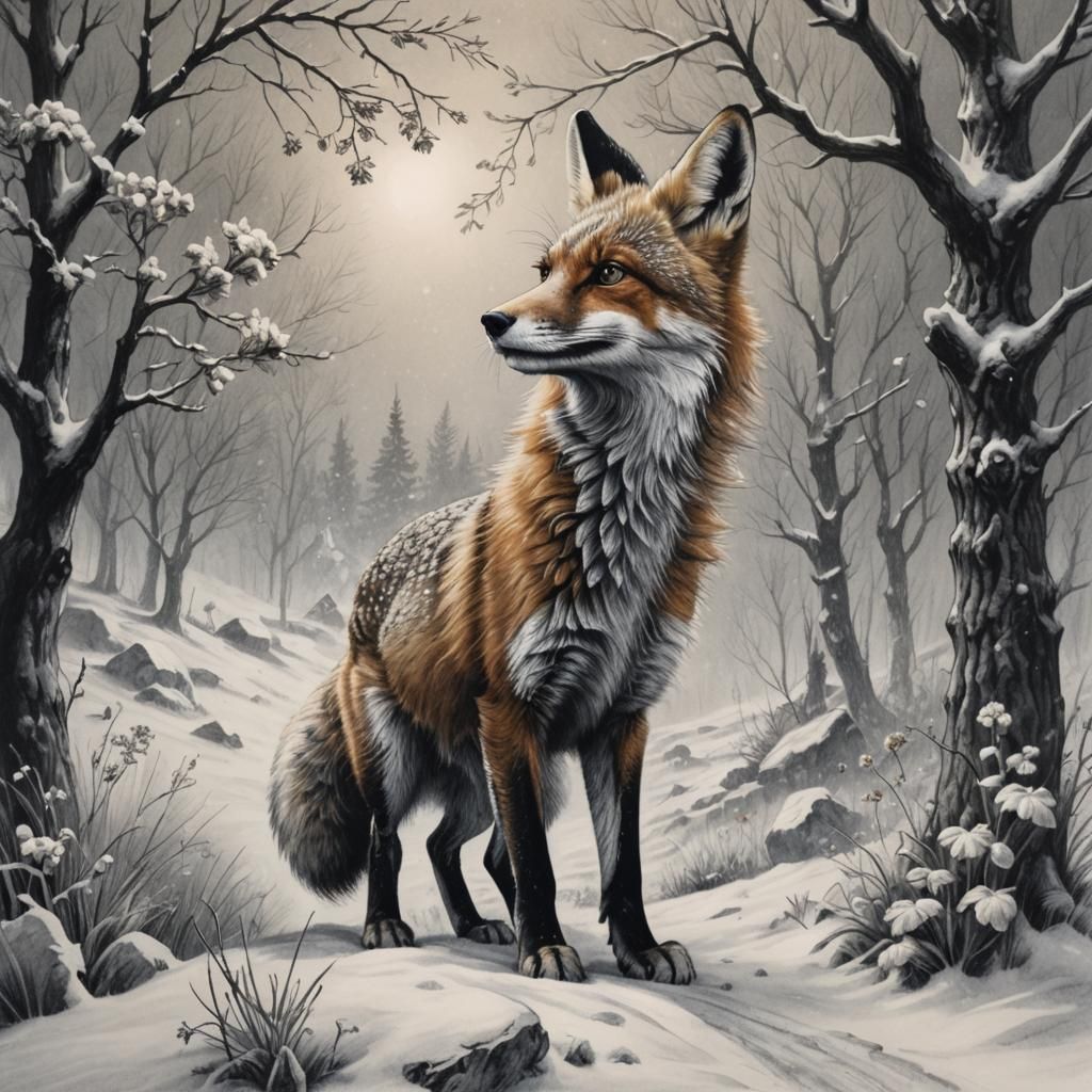 Fox Hunts Rabbit in Snowy Alps: Charcoal Drawing