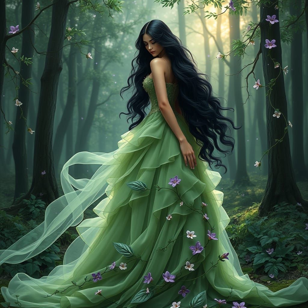 Fantasy Princess in Mossy Green Gown, Surrounded by Whimsica...