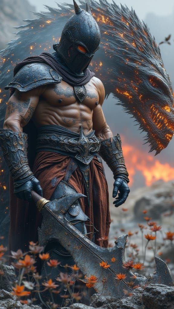 Muscular Barbarian Fights Giant Creatures in Epic Fantasy