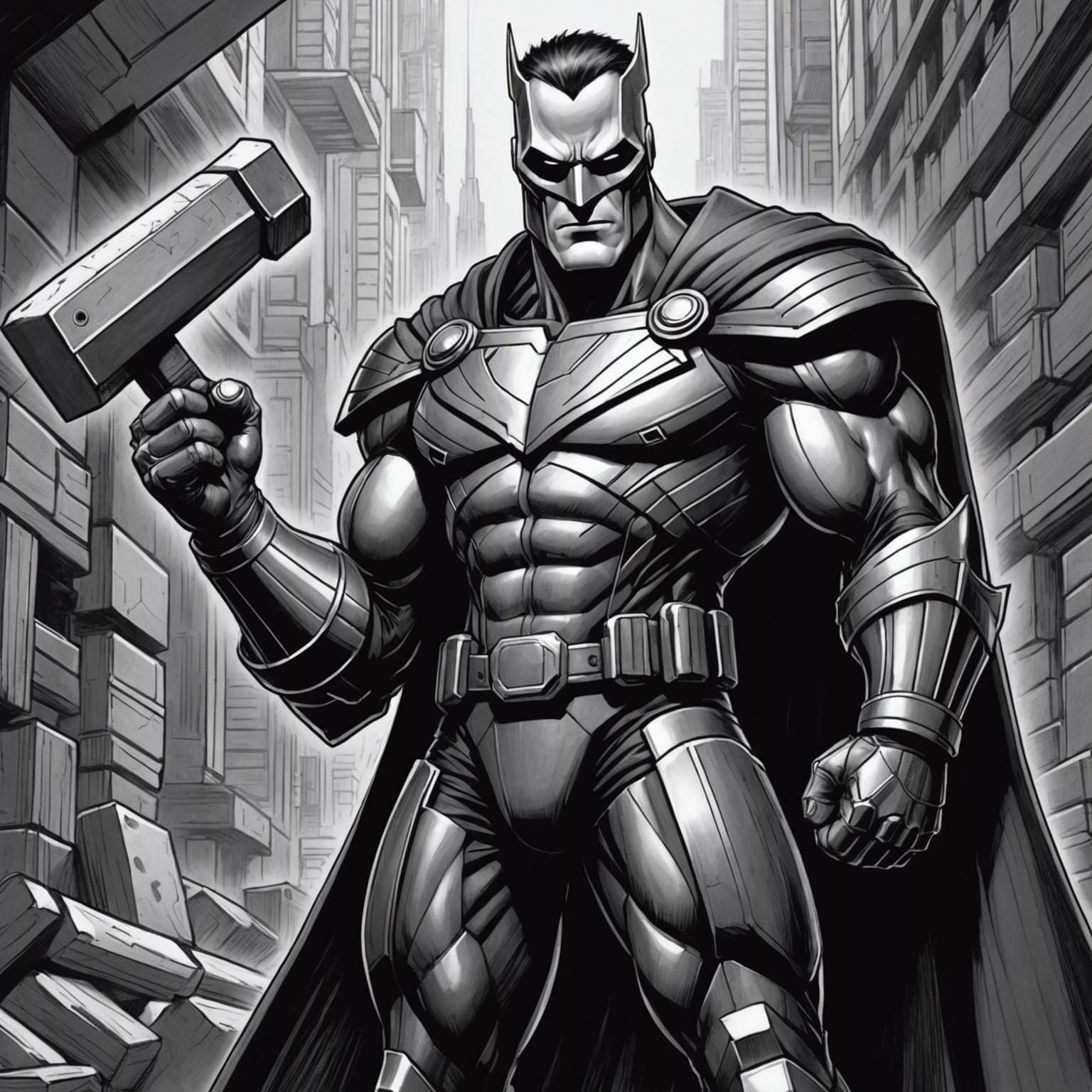 Pencil Sketch Supervillain with Hammer Hand