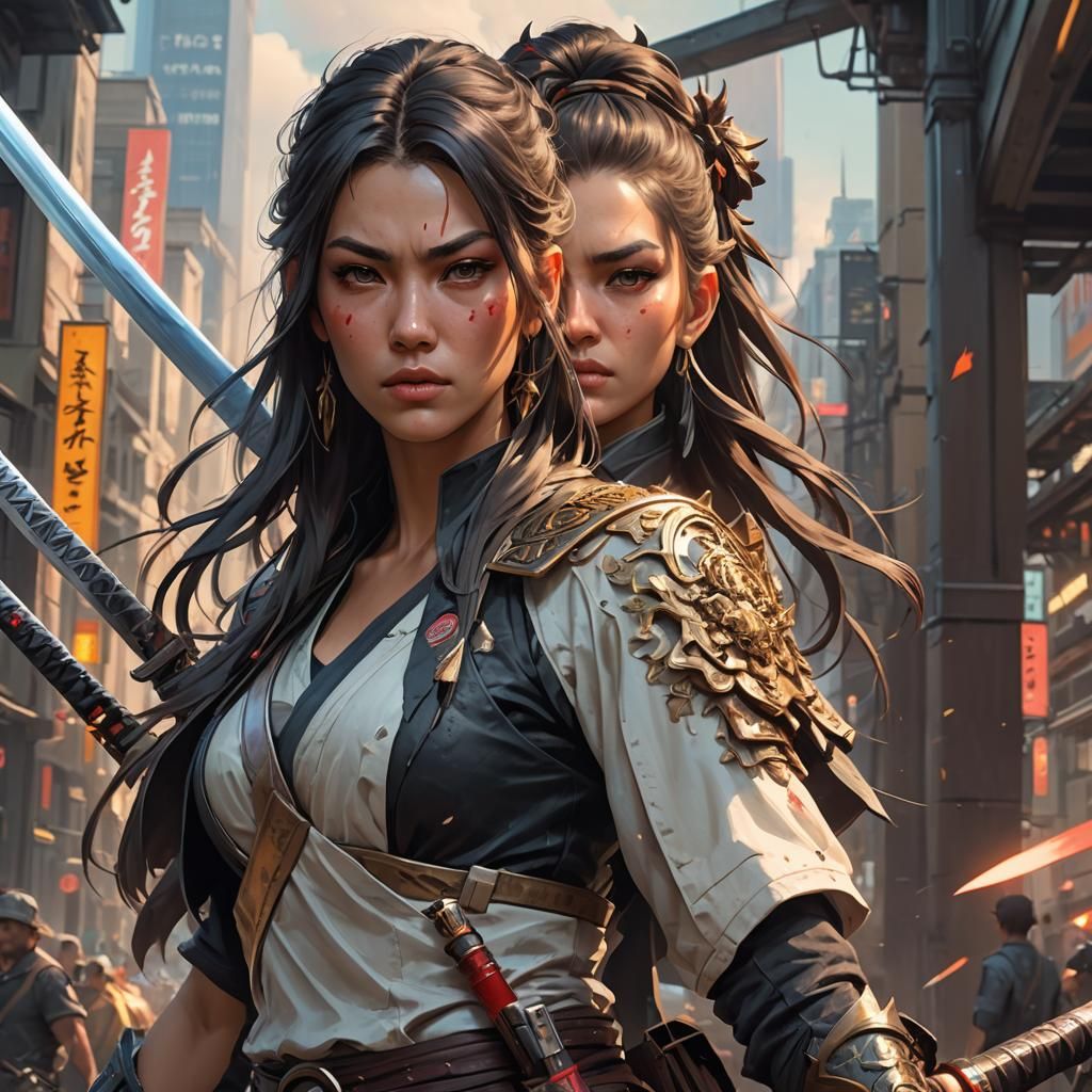 Strong Girl Katie with Katana: Hyperdetailed Portrait