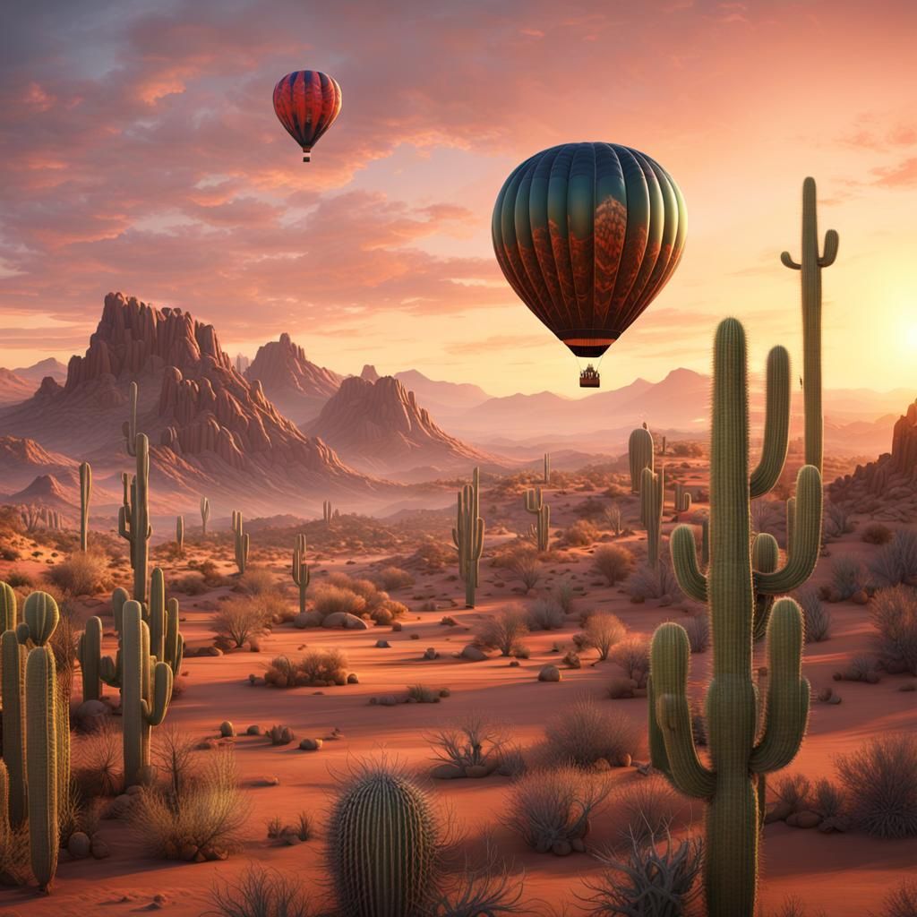 Hot Air Balloon Over Desert at Sunset