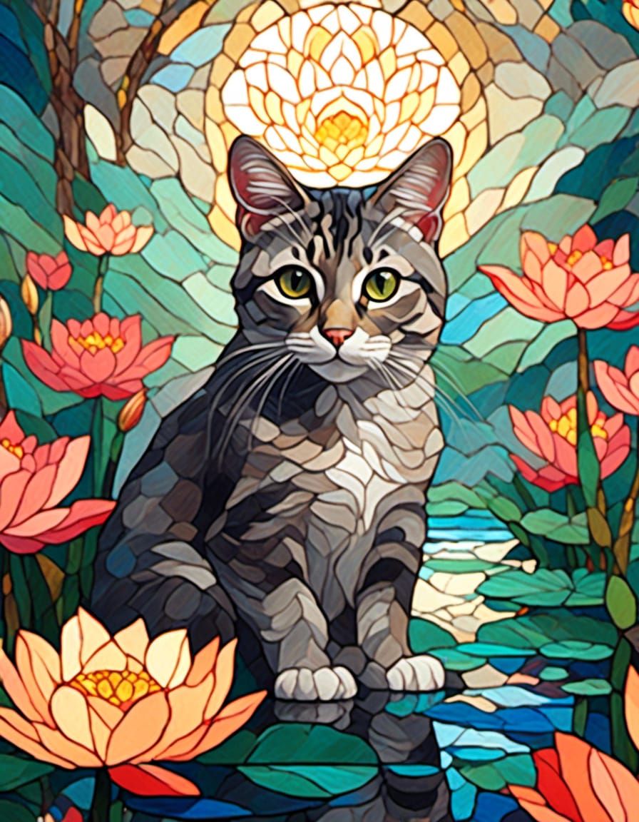 Tabby Cat in Lotus Flower: Stained Glass Mosaic