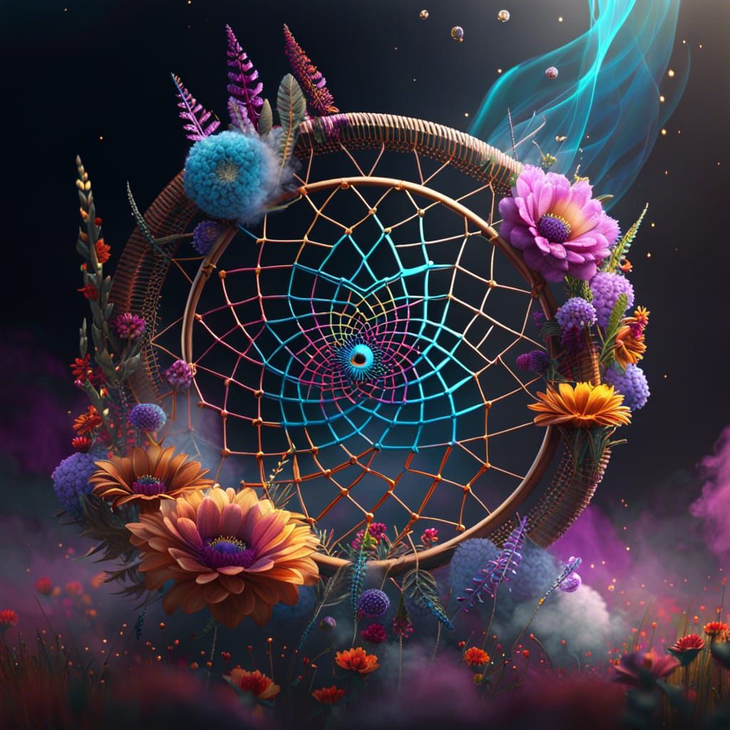 Intricate Dreamcatcher Surrounded by Colorful Flowers