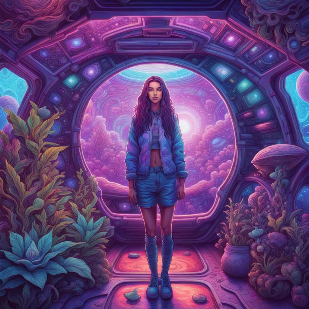 Psychedelic Spaceship Interior with Alien Flora
