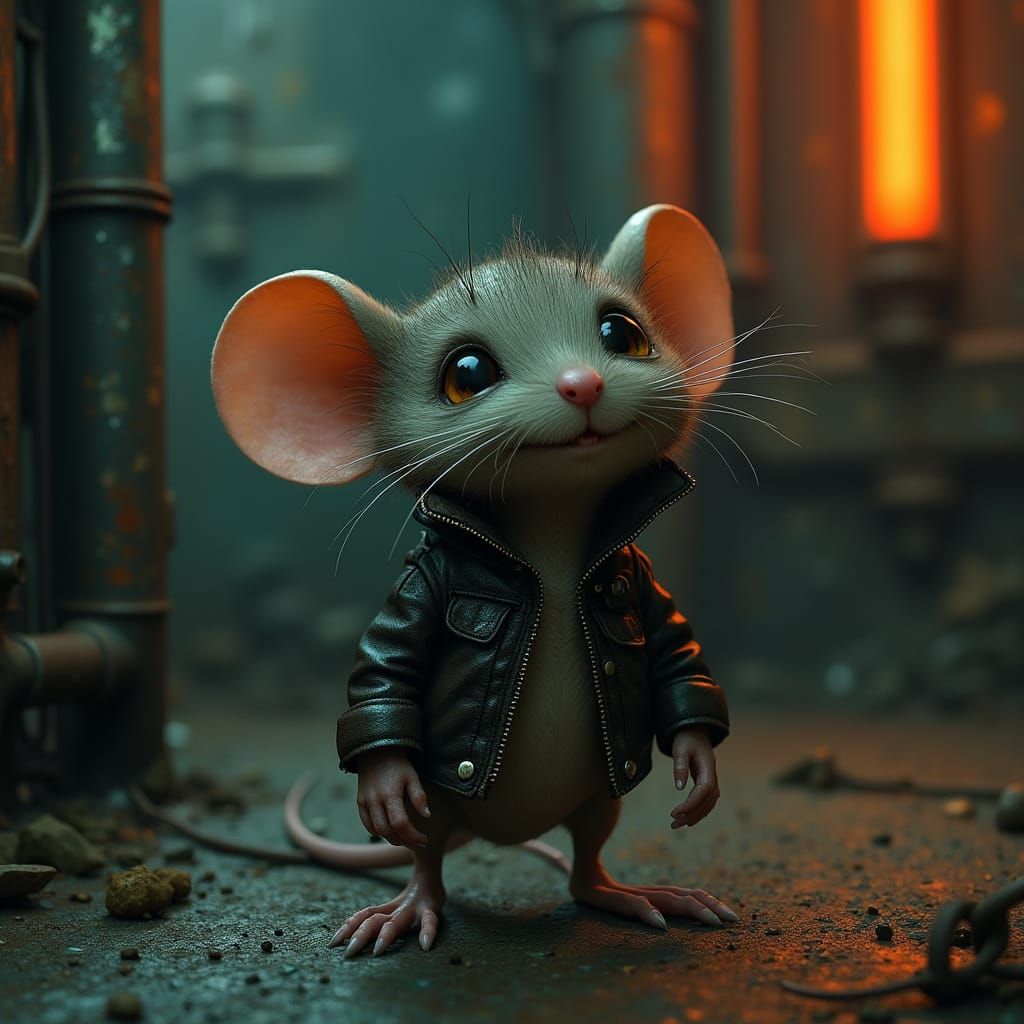 A shy mouse. Gritty industrial textures, blending Tim Burton...