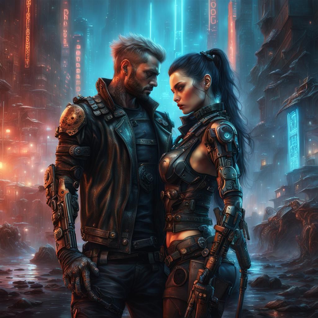 Sensual Cyberpunk Couple in Detailed Digital Painting