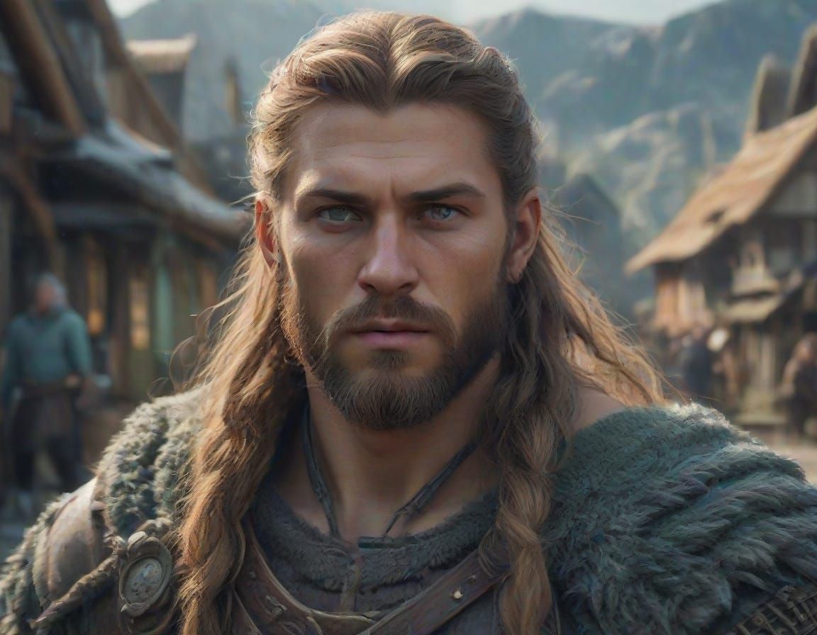 Viking Warrior in a Fantastical Village Scene