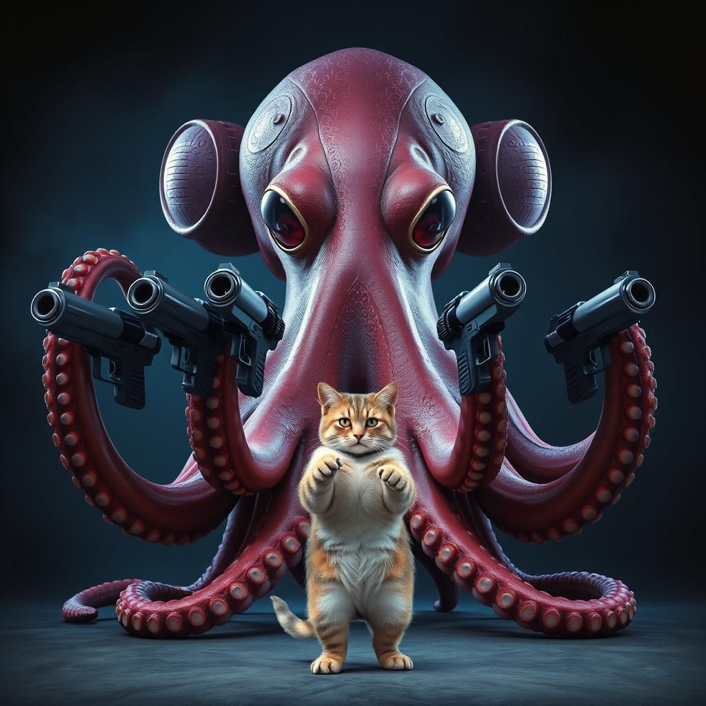 Octopus Guns vs Fearless Cat: Dark Fantasy Confrontation