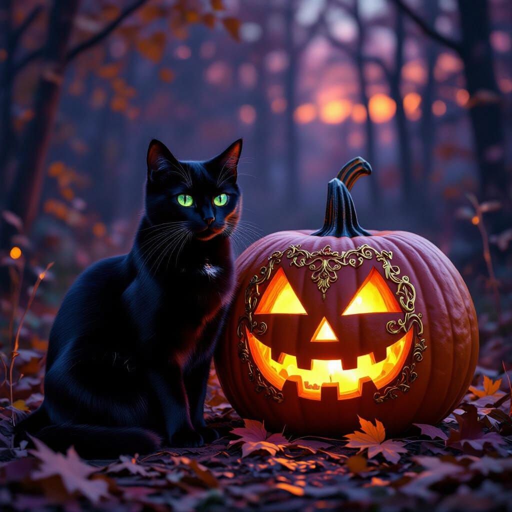 Black Cat Beside Ornate Pumpkin with Gold Grills