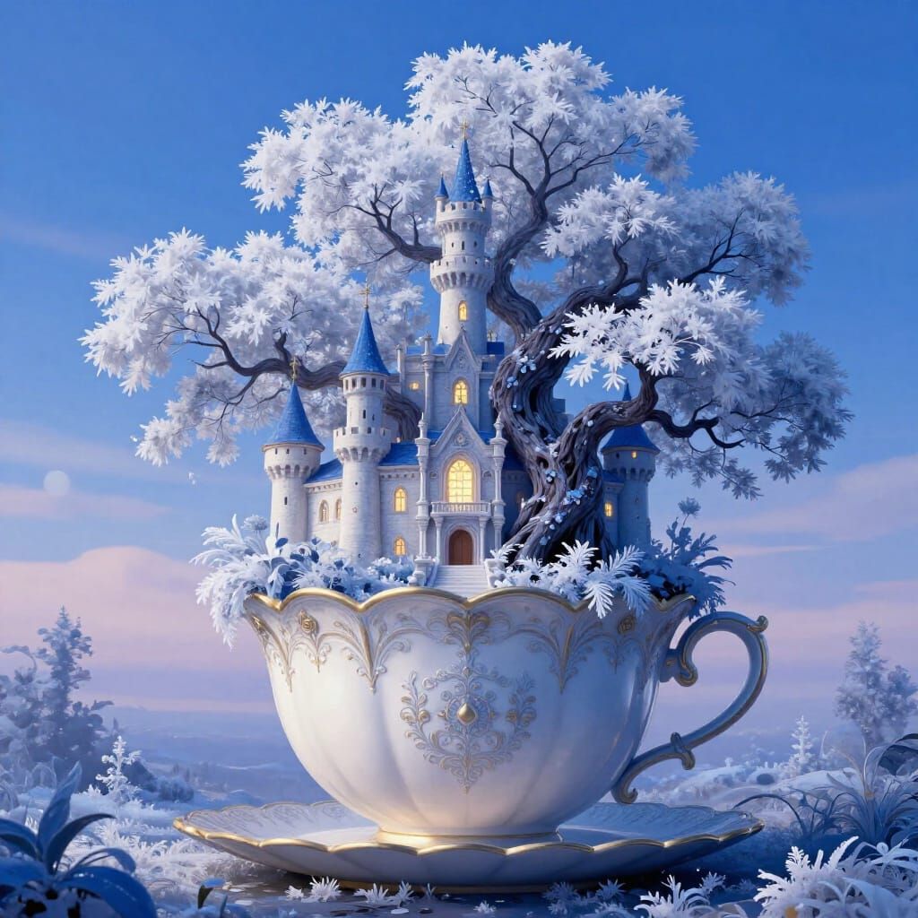 Fantastical Castle on Teacup with Frosted Tree