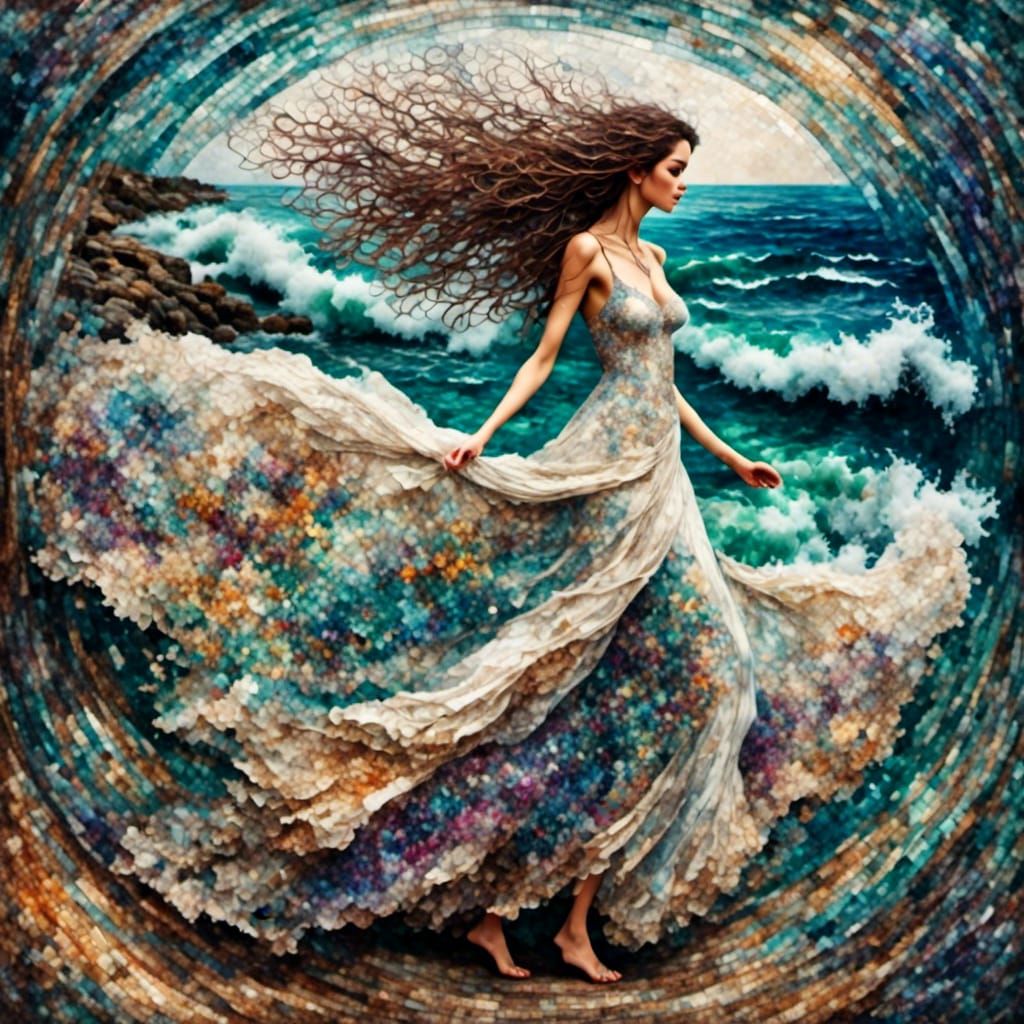 Opalescent Woman Walking to Shore in Watercolor Style