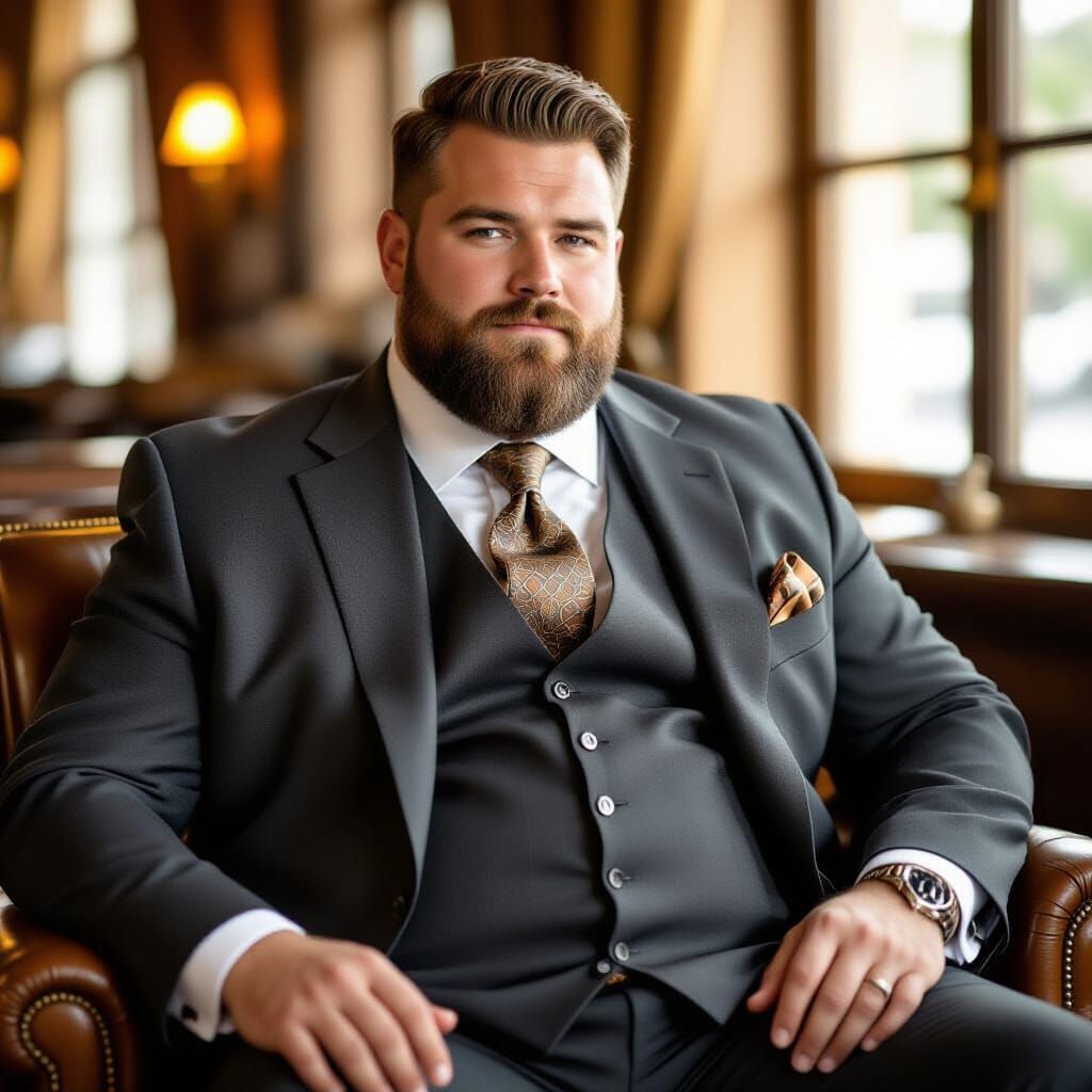 Man in Suit with Round Belly, Golden Light