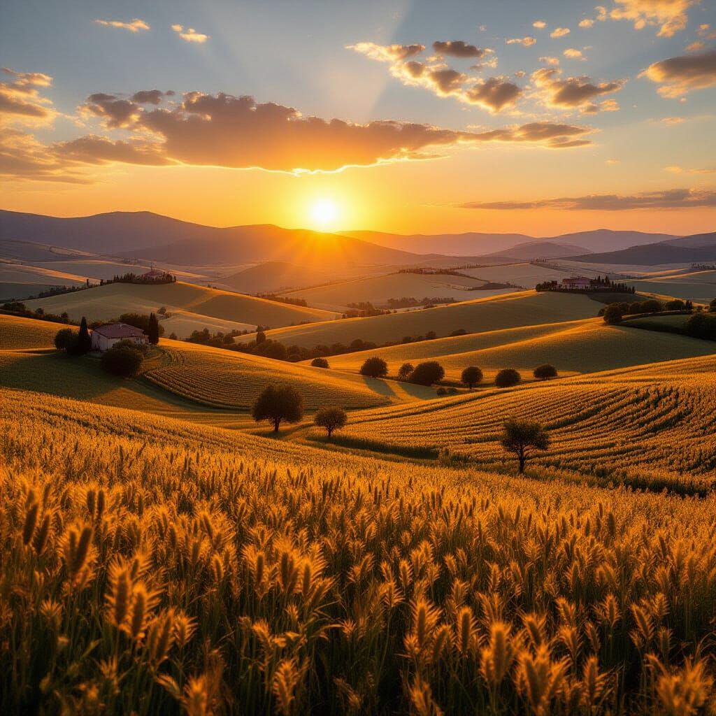Serbia's Golden Hour: Rolling Hills in Hyperrealistic Detail