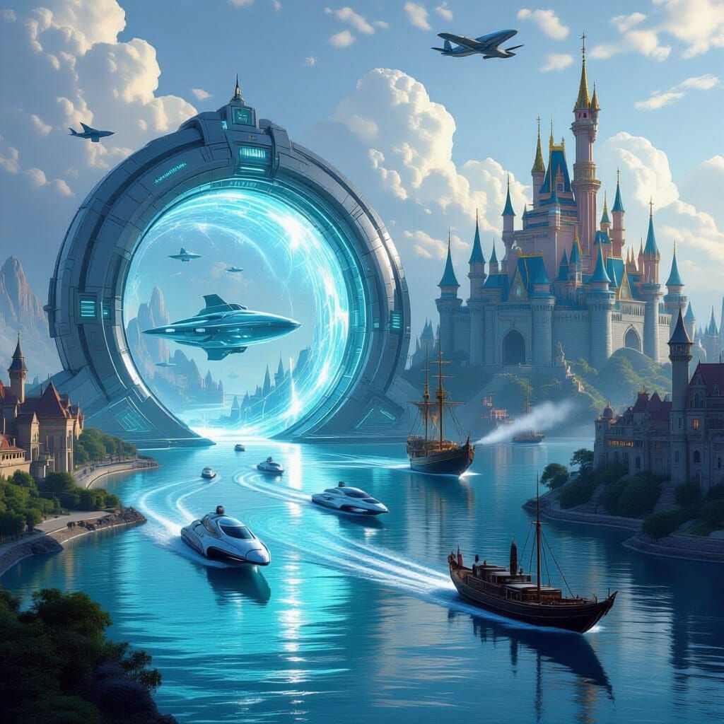 Futuristic River Flows Through Fantasy Portals