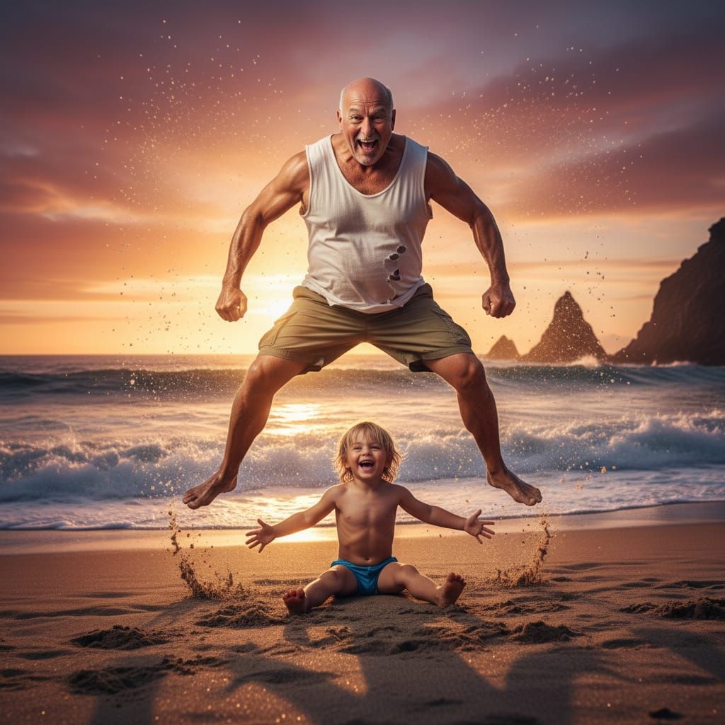 Heroic Leap Over Child in Golden Hour Light