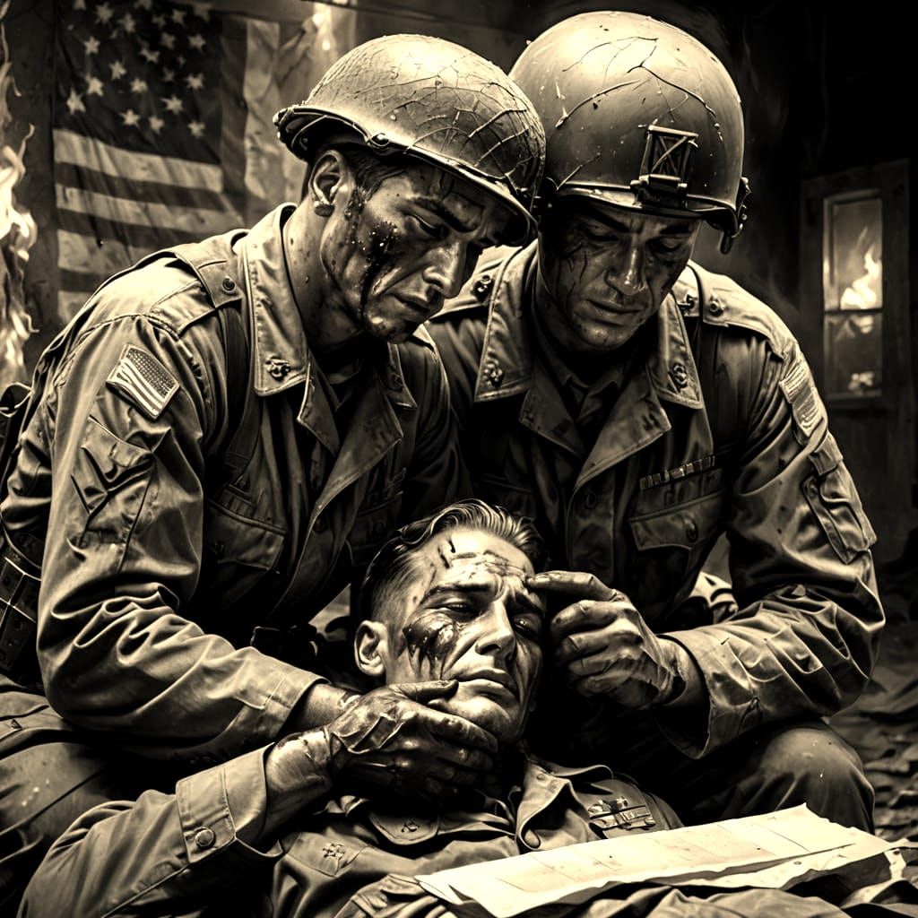 WWII Soldier Mourns Comrade: Hyperrealistic Splash Art