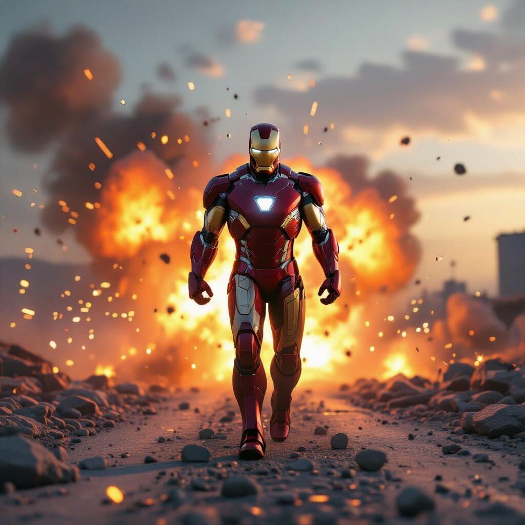 Iron Man in Fiery Explosion, Realistic 3D Render