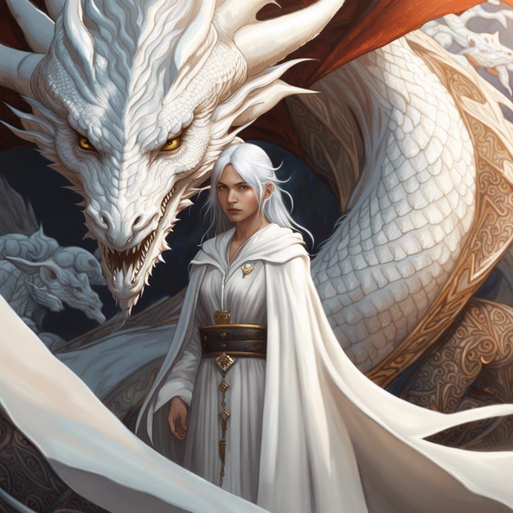 Girl with White Dragon in Detailed Matte Painting