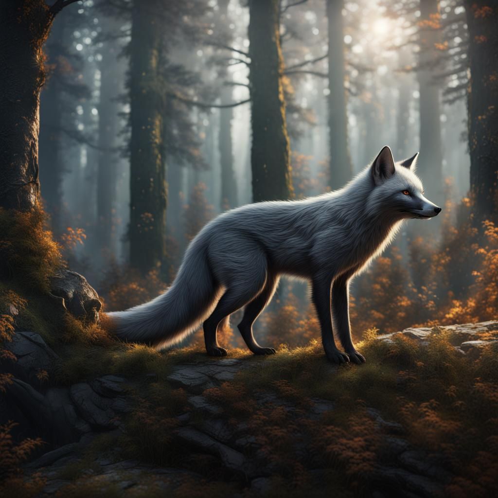 Silver Fox in Forest: Detailed Fantasy Concept Art