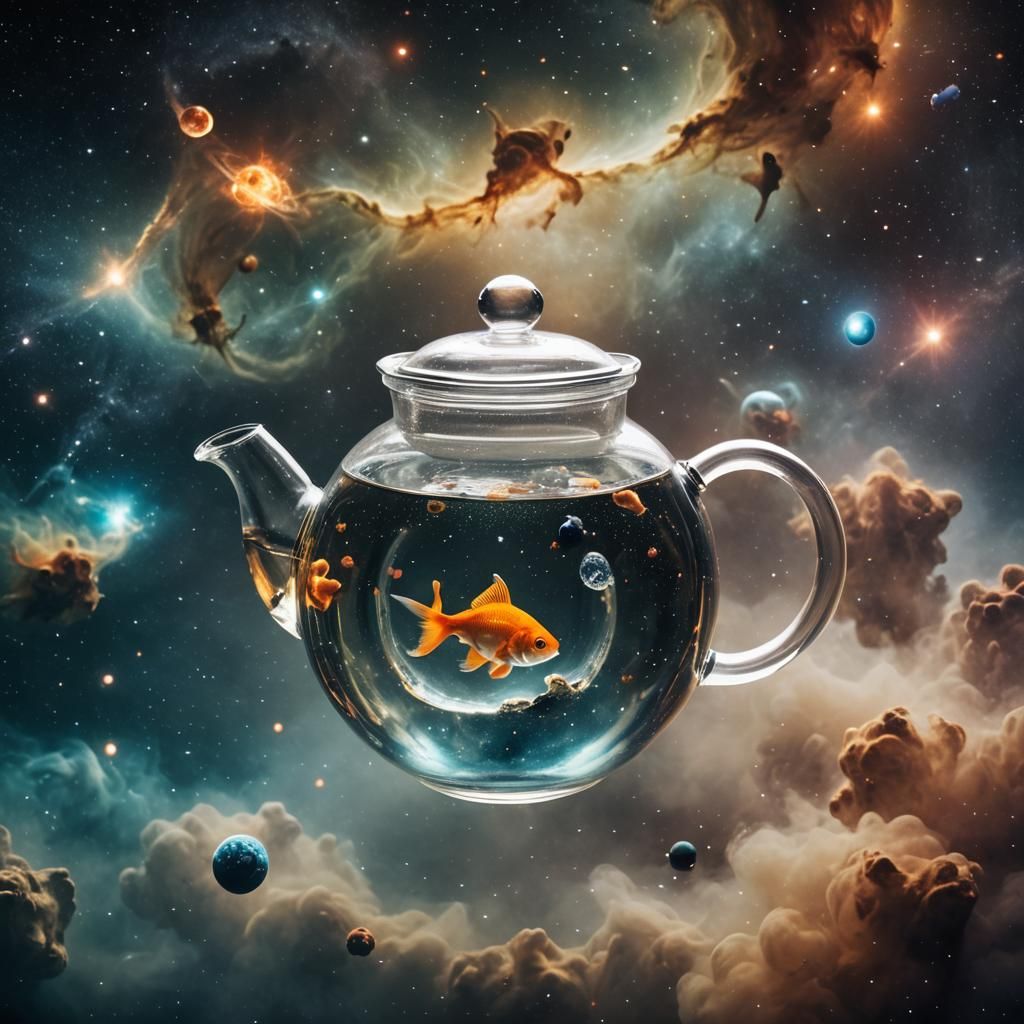 Goldfish Swims in Teapot Floating in Space