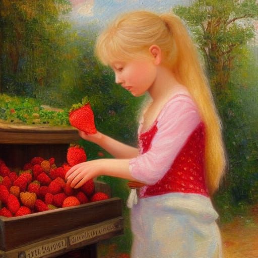 Girl at Fruit Stand in Impressionistic Style