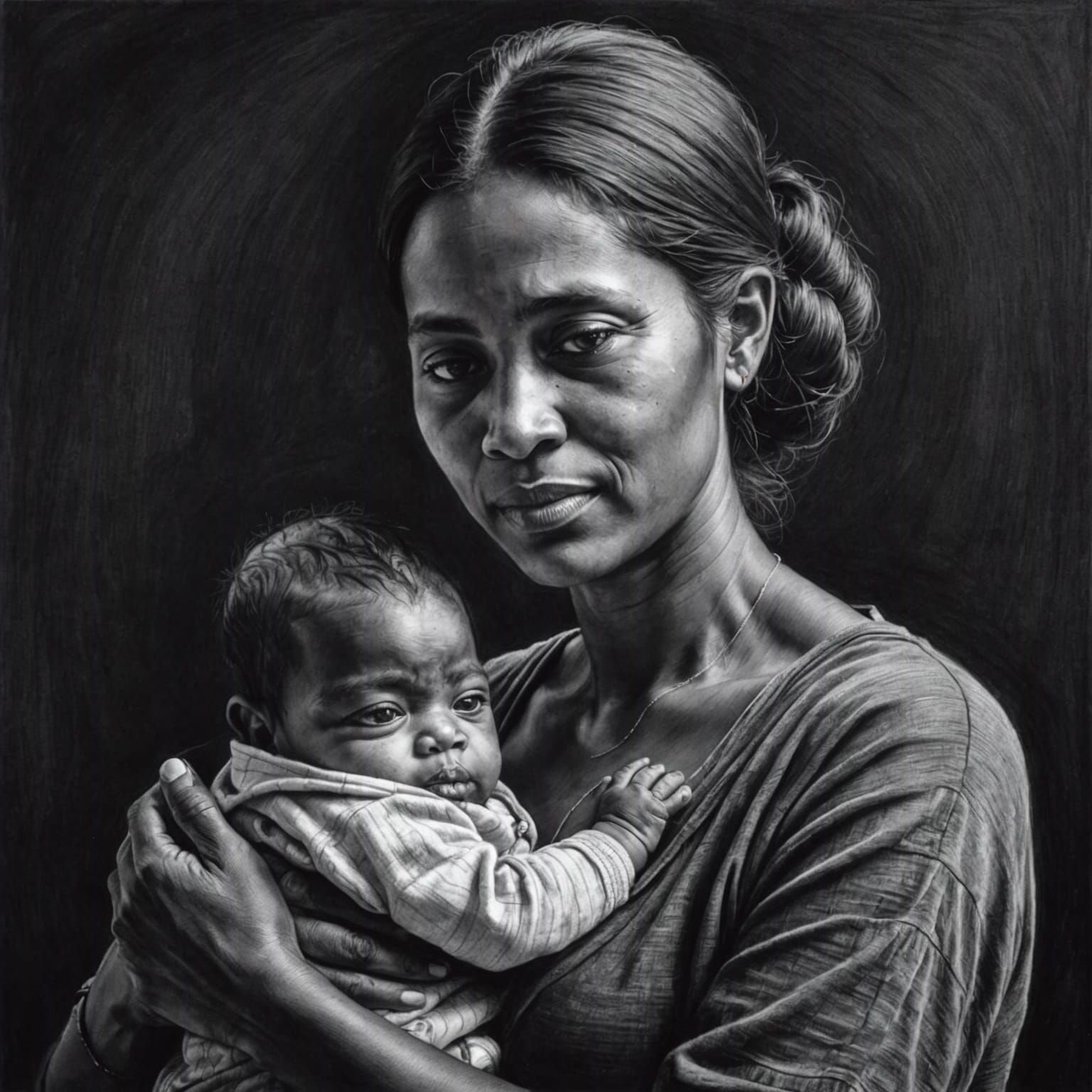Caring Mother and Baby in Charcoal Drawing